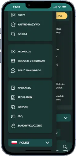 Lemon Kasyno – menu aplikacji Android