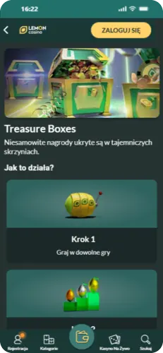 Zrzut ekranu aplikacji Lemon Casino – sekcja Treasure Boxes z ukrytymi nagrodami.